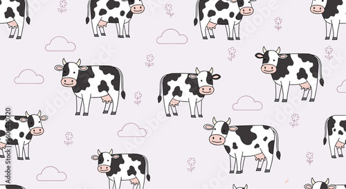Charming pixel art holstein cows grazing on a pastel meadow with subtle curves and shapes pattern
