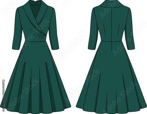 Elegant pleated wrap dress technical sketch, V-neck design with flared skirt, 3/4 sleeves, fashion CAD drawing front and back