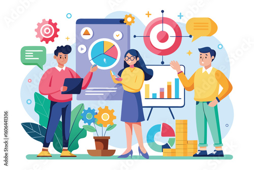 Team collaboration on developing a vision strategy using vector graphics in a modern workspace setting