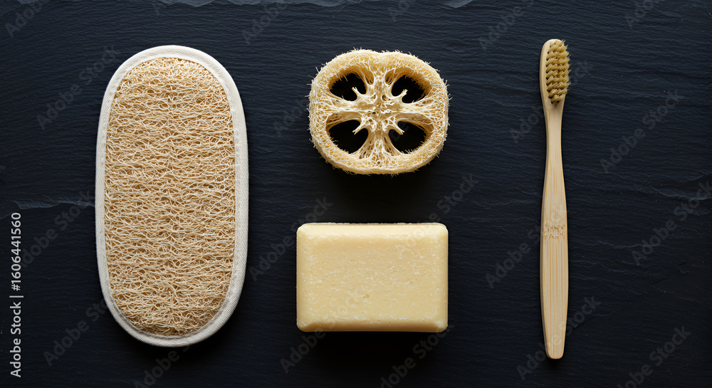 Fototapeta premium Natural bath essentials on dark stone