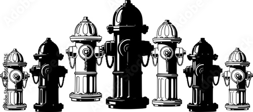 group of fire hydrants, black, and white, vector illustration, clean lines, symmetrical design
