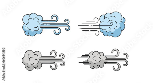 Collection of stylized cloud and wind illustrations for visual design projects and presentations