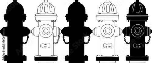 group of fire hydrants, black, and white, vector illustration, clean lines, symmetrical design
