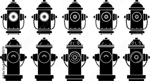 group of fire hydrants, black, and white, vector illustration, clean lines, symmetrical design
