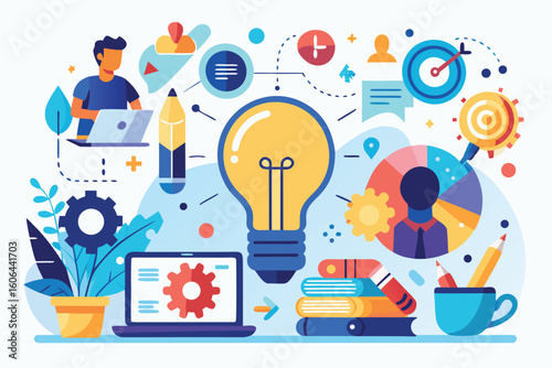 Innovative business project featuring creative brainstorming, technology, and collaboration for developing a new concept in the workspace