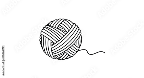 A black and white illustration of a tightly wound ball of yarn with a single thread unraveling