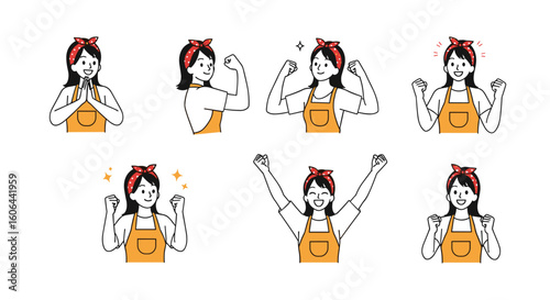 Illustrations of a woman showing different positive emotions and actions with her body language and facial expressions conveying feelings of joy and confidence in her work