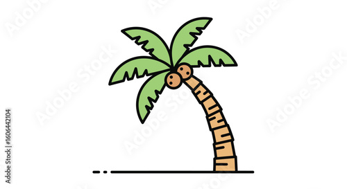 Vibrant cartoon illustration of a tropical palm tree with coconuts swaying gently in a warm breeze against a white background capturing the essence of a serene island paradise adventure