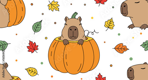 Adorable capybara enjoys autumn splendor surrounded by falling leaves and pumpkins
