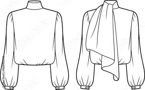Fashion flat sketch of long sleeve blouse with scarf tie neck, cuffed sleeves, high neck, elegant women top illustration