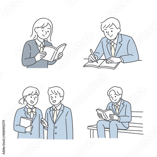 学生の読書や会話・勉強風景のイラストセット