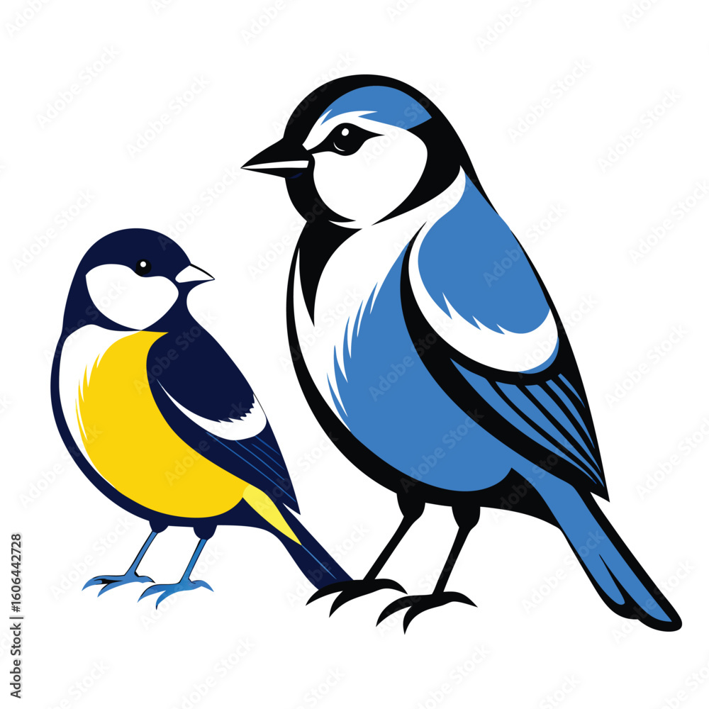Naklejka premium Colorful Bird Duo A Blue Tit and a Great Tit Perched Together in Artistic Illustration