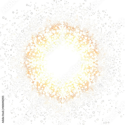 A vibrant, circular burst of light radiating outwards from a bright center, surrounded by scattered specks of color against a dark background