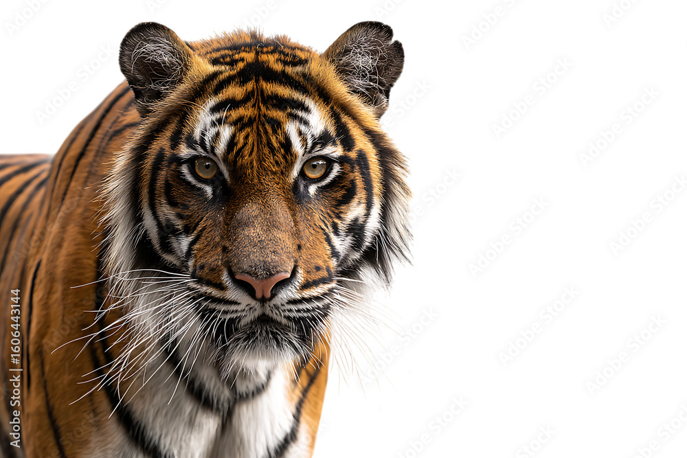 Naklejka premium Striking tiger portrait, intense gaze.