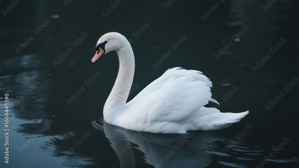 Obraz premium A mute swan swims gracefully on the water. Its white feathers contrast sharply with the dark lake water, showing a quiet beauty. 