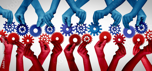 Tableau sur toile Two Business Groups Working Together as Team collaboration concept and connecting unity or teamwork idea as a business metaphor for joining a partnership as bipartisan joint venture