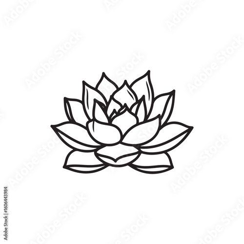 black and white line drawing of a succulent or flowering plant with intricate, overlapping petals or leaves. The overall shape resembles a rosette or spiral pattern, creating a visually striking and g