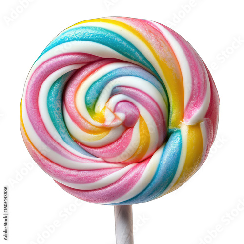 A vibrant, multicolored swirl lollipop on a stick, showcasing a captivating spiral pattern of pastel hues.  The candy's glossy surface reflects light, highlighting its smooth texture