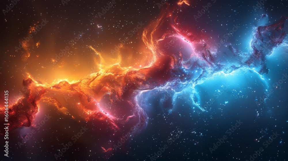 Obraz premium Colorful nebula with orange fire and blue ice-like clouds