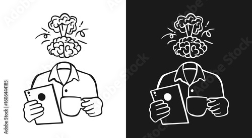 A worker holding coffee and a tablet with an exploding mind, expressing stress, burnout, and overwhelming thoughts in a minimalist surreal line art style