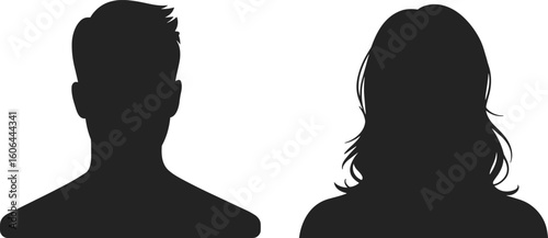 Male and female avatar silhouette icons, black profile symbols, flat design vector, blank face placeholders, anonymous person illustrations