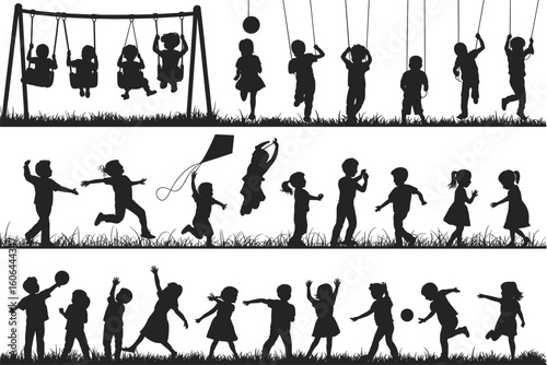 Silhouettes of children playing outdoors on swings, running, flying kites, and playing ball, joyful kids having fun, active childhood, playground activities