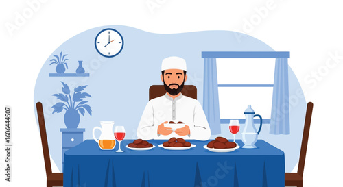 Man Breaking Fast During Ramadan with a Full Meal