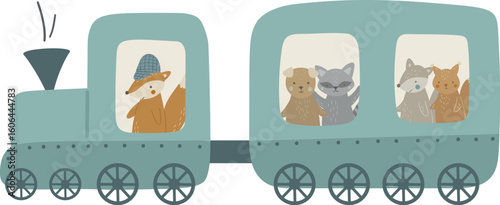Cute animal friends are riding a train. Vector illustration for design, print, pattern, isolated on white background