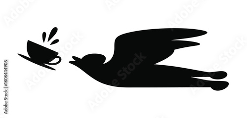 Silhouette of a bird with wings spread flying towards a spilling coffee cup