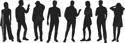 Silhouettes of diverse people standing, different poses, casual clothing, men and women, social interaction, lifestyle, group, friendship, communication, standing together, isolated background