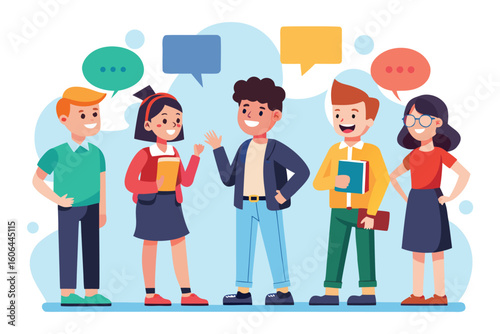 Group of people engaging in lively conversation with speech bubbles representing communication in a vibrant setting