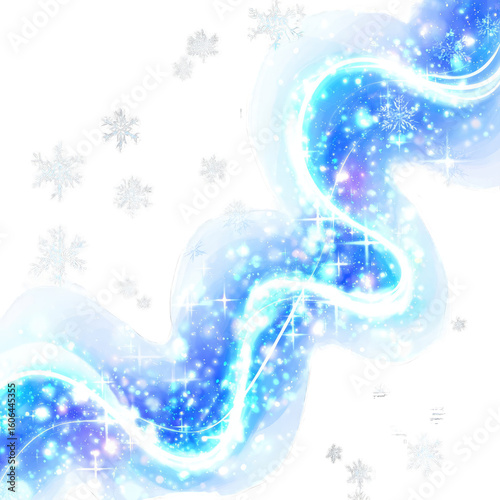 An abstract image depicting a luminous, swirling blue river or stream, adorned with sparkling lights and scattered snowflakes against a black background.  The design suggests a wintery, magical scene