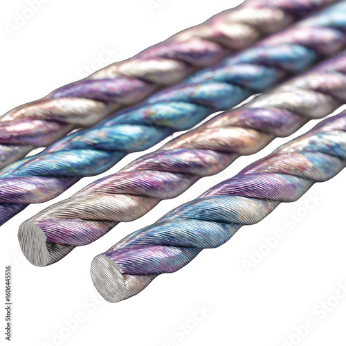 Close-up of three twisted cords with a multicolored, marbled pattern in shades of purple, blue, and white.  The cords have a slightly metallic sheen