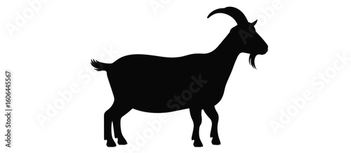 Black silhouette of a standing goat with horns and beard on white background