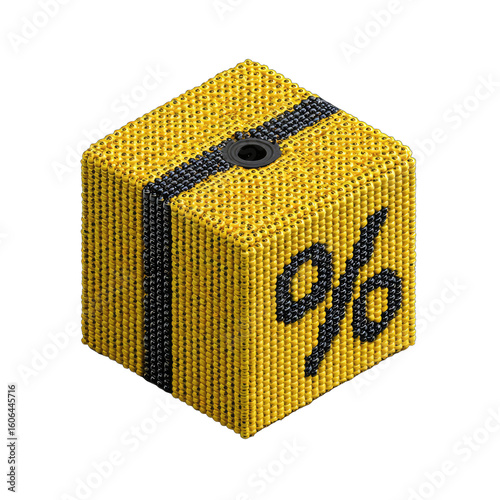 Isometric cube, yellow and black, textured surface, depicting a percentage symbol.  Small hole visible on top