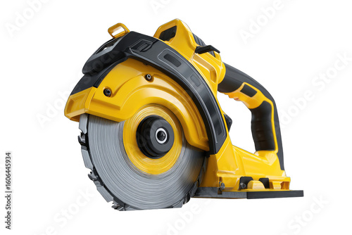 A close-up studio shot of a cordless circular saw, predominantly yellow and black, angled slightly to the left, showcasing its metallic blade and ergonomic design