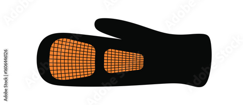 Black oven mitt with textured orange heat resistant surface