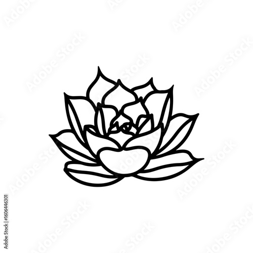 black and white line drawing of a succulent or flowering plant with intricate, overlapping petals or leaves. The overall shape resembles a rosette or spiral pattern, creating a visually striking and g