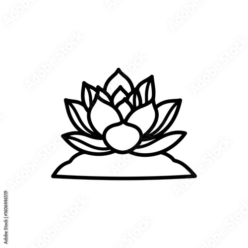 black and white line drawing of a succulent or flowering plant with intricate, overlapping petals or leaves. The overall shape resembles a rosette or spiral pattern, creating a visually striking and g