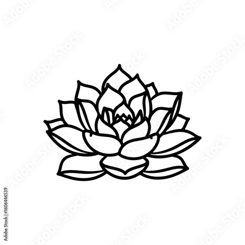 black and white line drawing of a succulent or flowering plant with intricate, overlapping petals or leaves. The overall shape resembles a rosette or spiral pattern, creating a visually striking and g