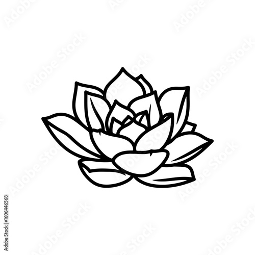 black and white line drawing of a succulent or flowering plant with intricate, overlapping petals or leaves. The overall shape resembles a rosette or spiral pattern, creating a visually striking and g