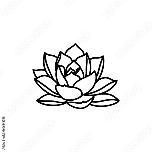 black and white line drawing of a succulent or flowering plant with intricate, overlapping petals or leaves. The overall shape resembles a rosette or spiral pattern, creating a visually striking and g