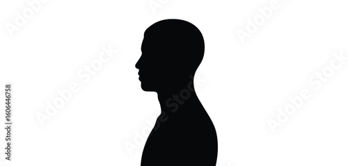 Silhouette of a bald person s head and shoulders in profile against a white background