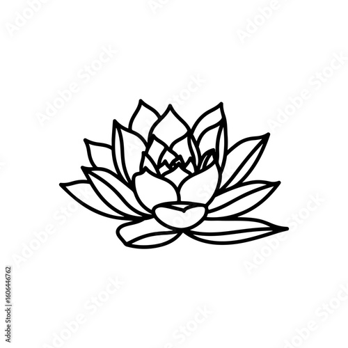 black and white line drawing of a succulent or flowering plant with intricate, overlapping petals or leaves. The overall shape resembles a rosette or spiral pattern, creating a visually striking and g