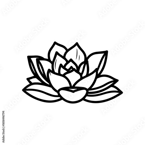 black and white line drawing of a succulent or flowering plant with intricate, overlapping petals or leaves. The overall shape resembles a rosette or spiral pattern, creating a visually striking and g