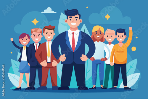 Successful leader stands confidently with his team in a vibrant setting, showcasing unity and motivation during a corporate event or team-building activity