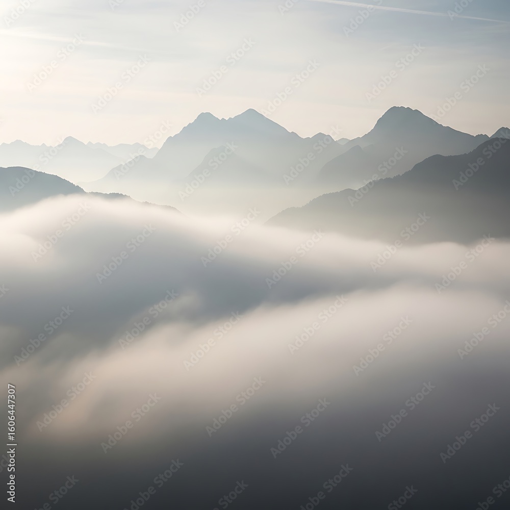 Obraz premium Misty mountain range veiled in soft clouds.