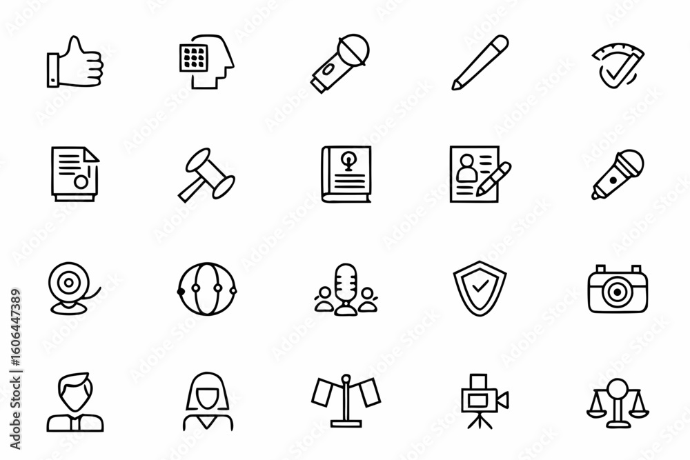 Fototapeta premium A minimalist line art pack focused on journalism and news ethics, reporting, and media tools. Ideal for educational content, workshops, and media training
