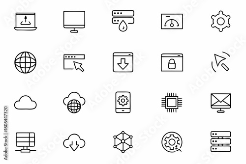 A digital-centric line art bundle representing modern website structure and function. Great for web hosting companies, design templates, and online course content