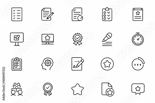 A detailed vector pack visualizing testing and assessment processes through elegant line art. Perfect for certification courses, HR evaluations, and academic testing materials